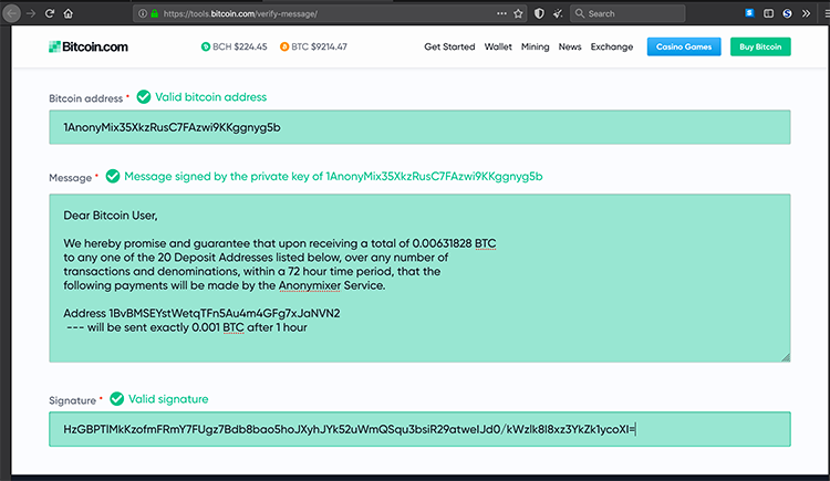 Screenshot of Bitcoin.com Verifying an Anonymixer Signed Message